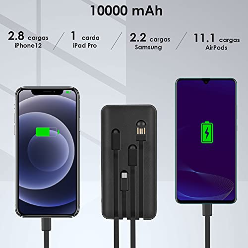 1 Hora Power Bank 10000 mah Ultra Slim de Bateria Portatil con 4 Cables Incorporados Tipo C USBc y Luz Carga Powerbank 10000 Compatible para IP, Samsung, Xiaomi,Negro
